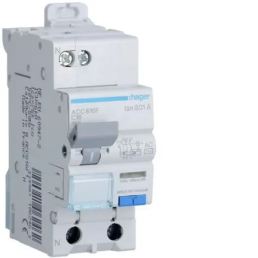 Hager RCBO, 16A Current Rating, 1P+N Poles, 10mA Trip Sensitivity, Type AC - ACC816F product image