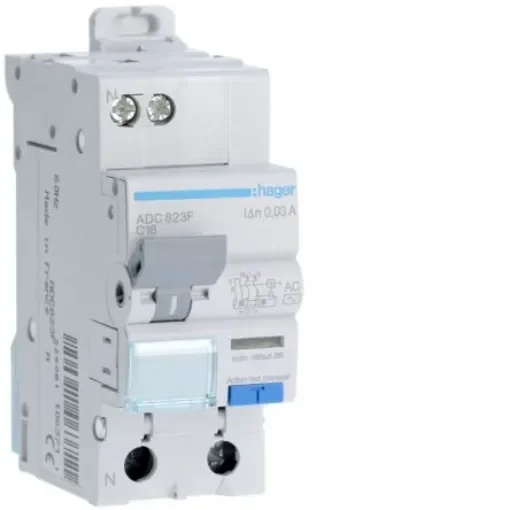 Hager RCBO, 16A Current Rating, 1P+N Poles, 30mA Trip Sensitivity, Type AC - ADC823F product image