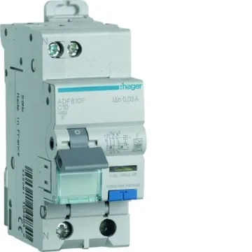Hager RCBO, 10A Current Rating, 1P+N Poles, 30mA Trip Sensitivity, Type F - ADF810F product image