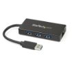 Picture of Startech.Com 3-Port Portable Usb 3.0 Hub Plus Gigabit Ethernet - Aluminum with Built-In Cable~3-Port Portable Usb 3.0 Hub Plus Gigabit Ethernet - 5Gbps - Aluminum with Built-In Cable - St3300gu3b