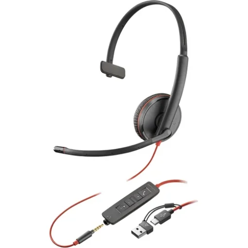 Picture of Poly Blackwire 3215 Monaural Usb-C Headset +3.5mm Plug +Usb-C/A Adapter - 8X227aa