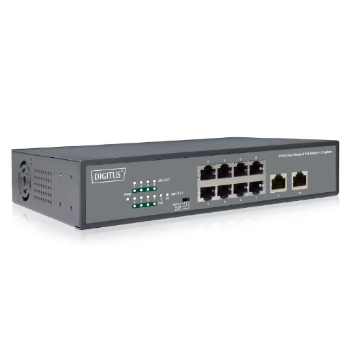 Picture of Digitus 8-Port Fast Ethernet Poe Netwrkswitch, Desktop, Unmanaged, 2 Uplink Ports RJ45,120 W, Af/At - Dn-95323-1