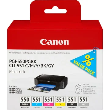 Picture of Canon Pgi-550/Cli-551 Pgbk/C/M/Y/Bk/Gy 6 Ink Cartridge Multipack - 6496B005
