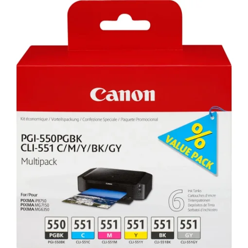 Picture of Canon Pgi-550/Cli-551 Pgbk/C/M/Y/Bk/Gy 6 Ink Cartridge Multipack - 6496B005