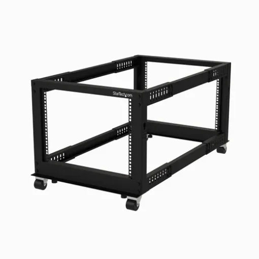 Picture of Startech.Com 4-Post 8U Mobile Open Frame Server Rack, Four Post 19in Network Rack with Wheels, Small Rolling Rack with Adjustable Depth for Computer/Av/Data/It Equipment - Casters, Leveling Feet or Floor Mounting - 4Postrack8u