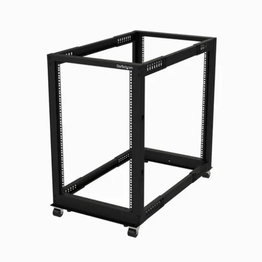 Picture of Startech.Com 4-Post 18U Mobile Open Frame Server Rack, Four Post 19" Network Rack with Wheels, Rolling Rack with Adjustable Depth for Computer/Av/Data/It Equipment - Casters, Leveling Feet or Floor Mounting - 4Postrack18u