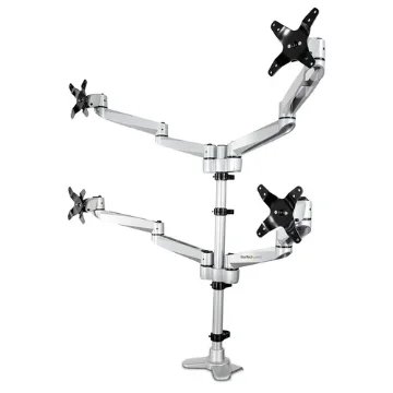 Picture of Startech.Com Desk Mount Quad Monitor Arm – Premium Articulating Vesa 4 Monitor Mount 2x2 Up To 30" – Ergonomic Height Adjustable Pole Mount - Tilt/Swivel/Rotate - C-Clamp/Grommet - Silver - Armquadps