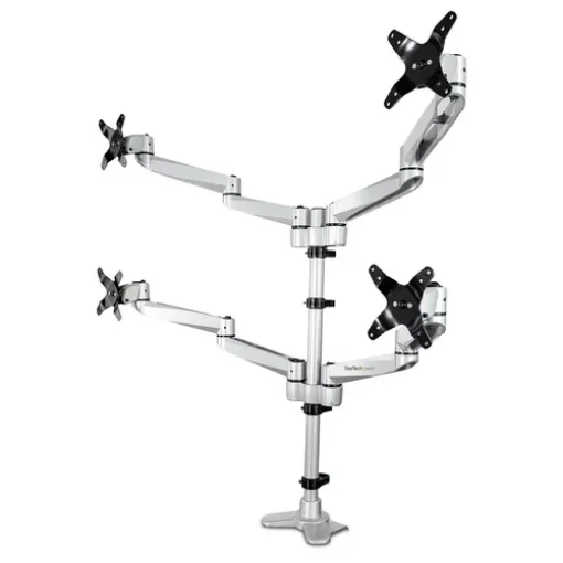Picture of Startech.Com Desk Mount Quad Monitor Arm – Premium Articulating Vesa 4 Monitor Mount 2x2 Up To 30" – Ergonomic Height Adjustable Pole Mount - Tilt/Swivel/Rotate - C-Clamp/Grommet - Silver - Armquadps