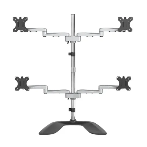 Picture of Startech.Com Desktop Quad Monitor Stand - Ergonomic Vesa 4 Monitor Arm (2x2) Up To 32" - Free Standing Articulating Universal Pole Mount - Height Adjustable/Tilt/Swivel/Rotate - Silver - Armquadss