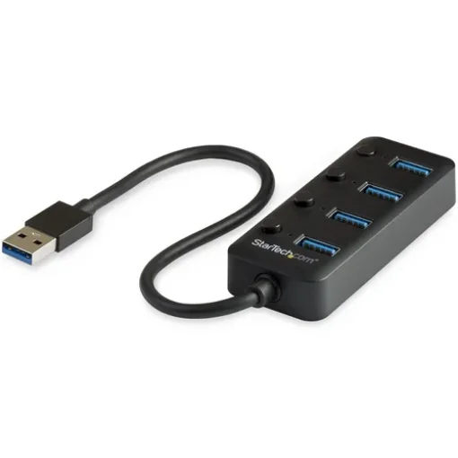 Picture of Startech.Com 4 Port Usb 3.0 Hub - Usb-A To 4x Usb 3.0 Type-A with Individual On/Off Port Switches - Superspeed 5Gbps Usb 3.1/3.2 Gen 1 - Usb Bus Powered - Portable - 25cm Attached Cable~4 Port Usb 3.0 Hub - Usb-A To 4x Usb 3.0 Type-A with Individual On/Off Port Switches - Superspeed Usb 3.2 Gen 1 (5Gbps) - Usb Bus Powered - Portable - 9.8" Attached Cable - Hb30a4aib