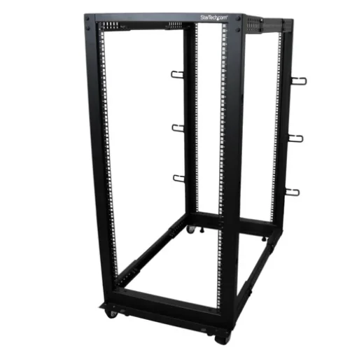 Picture of Startech.Com 4-Post 25U Mobile Open Frame Server Rack, Four Post 19in Network Rack with Wheels, Rolling Rack with Adjustable Depth for Computer/Av/Data/It Equipment - Casters, Leveling Feet or Floor Mounting - 4Postrack25u