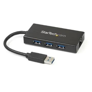 Picture of Startech.Com 3-Port Portable Usb 3.0 Hub Plus Gigabit Ethernet - Aluminum with Built-In Cable~3-Port Portable Usb 3.0 Hub Plus Gigabit Ethernet - 5Gbps - Aluminum with Built-In Cable - St3300gu3b
