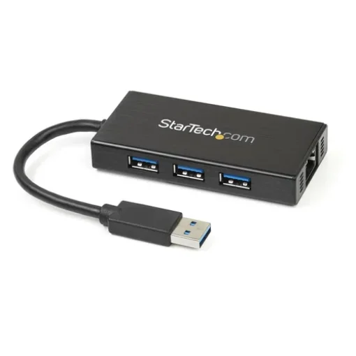 Picture of Startech.Com 3-Port Portable Usb 3.0 Hub Plus Gigabit Ethernet - Aluminum with Built-In Cable~3-Port Portable Usb 3.0 Hub Plus Gigabit Ethernet - 5Gbps - Aluminum with Built-In Cable - St3300gu3b
