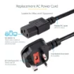 Picture of Startech.Com 10ft (3m) Uk Computer Power Cable, 18AWG, Bs 1363 To C13, 10A 250V, Black Replacement Ac Power Cord, Kettle Lead / Uk Power Cord, Pc Power Supply Cable, Tv/Monitor Power Cable - Pxt101uk3m
