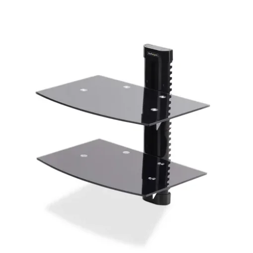 Picture of Startech.Com Dual Floating Wall-Mounted Av Shelves, Adjustable Height Shelf for Under Tv, Organize A/V Equipment on Black Tempered Glass Shelves - 2B-WALL-MOUNT-SHELF