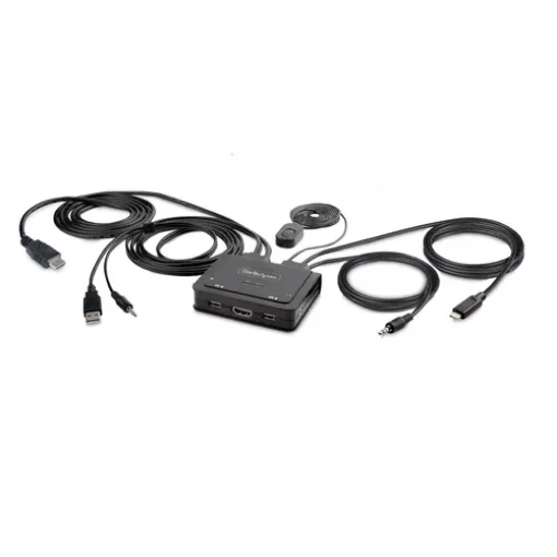 Picture of Startech.Com 2-Port Hybrid Usb-C Hdmi Cable Kvm Switch, 4K 60Hz, Compact Kvm with 6ft/1.8m Usb-A/Hdmi/Audio & 4ft/1.2m Usb-C Integrated Host Cables, Bus Powered - Remote Push Button/Hotkey Switching - C2-H46-UAC-CBL-KVM