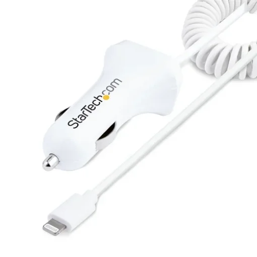 Picture of Startech.Com Lightning Car Charger with Coiled Cable, 1m Coiled Lightning Cable, 12W, White, 2 Port Usb Car Charger Adapter for Phones and Tablets, Dual Usb in Car Iphone Charger - Usblt2pcarw2