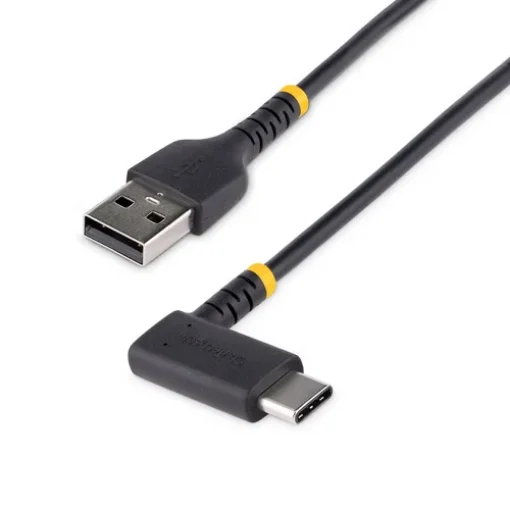 Picture of Startech.Com 6ft (2m) Usb a To C Charging Cable Right Angle - Heavy Duty Fast Charge Usb-C Cable - Black Usb 2.0 a To Type-C - Rugged Aramid Fiber - 3A - Usb Charging Cord - R2ACR-2M-USB-CABLE