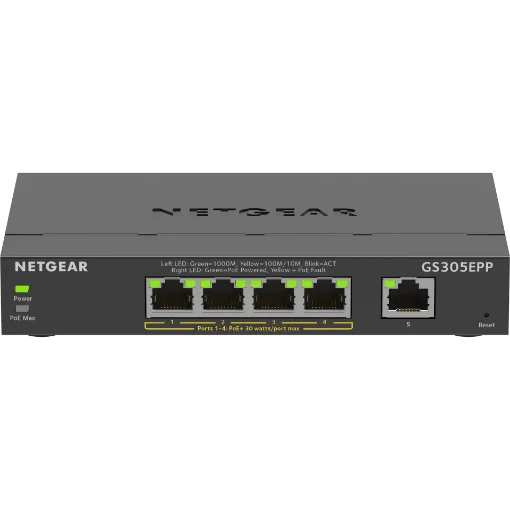 Picture of Netgear 5-Port Gigabit Ethernet High-Power Poe+ Plus Switch (GS305EPP) Managed L2/L3 Gigabit Ethernet (10/100/1000) Power Over Ethernet (Poe) Black - GS305EPP-100PES