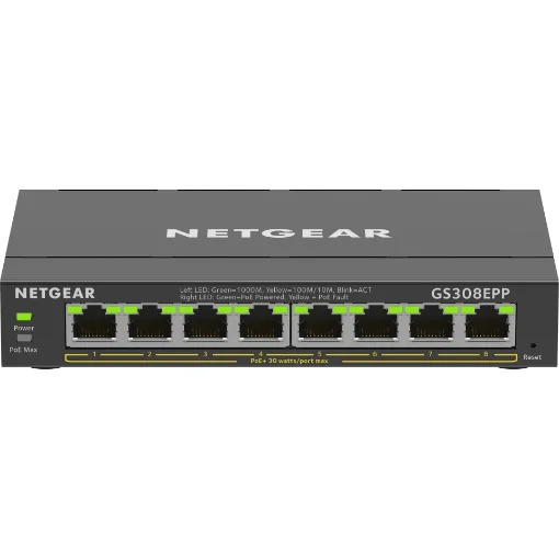 Picture of Netgear 8-Port Gigabit Ethernet High-Power Poe+ Plus Switch (GS308EPP) Managed L2/L3 Gigabit Ethernet (10/100/1000) Power Over Ethernet (Poe) Black - GS308EPP-100PES