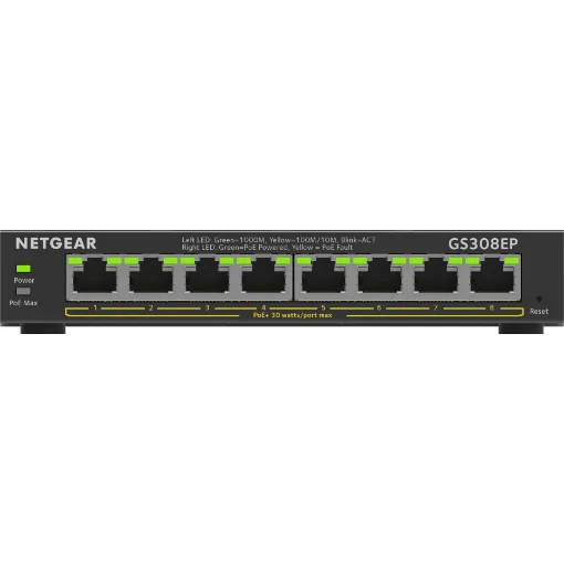 Picture of Netgear 8-Port Gigabit Ethernet Poe+ Plus Switch (GS308EP) Managed L2/L3 Gigabit Ethernet (10/100/1000) Power Over Ethernet (Poe) Black - GS308EP-100PES